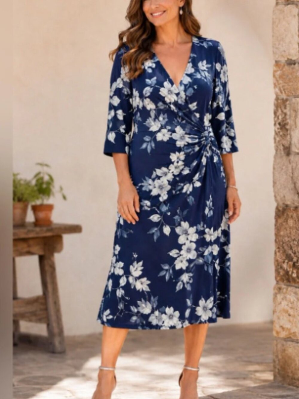 Soft Surroundings Hyannis Faux Wrap Midi Dress 3X Blue Floral Plus Size New